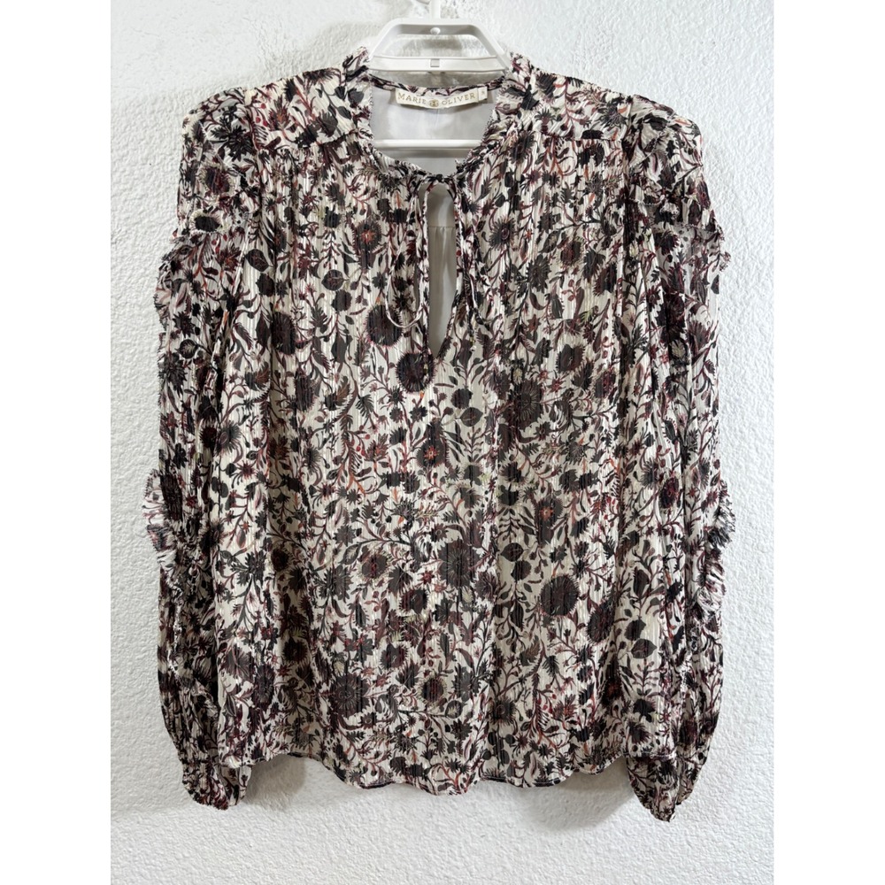 Marie Oliver Blouse Womens Medium Multi Color Silk Blend Floral Ruffled